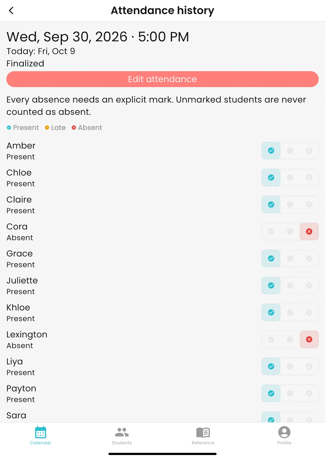 Instructor app attendance screen
