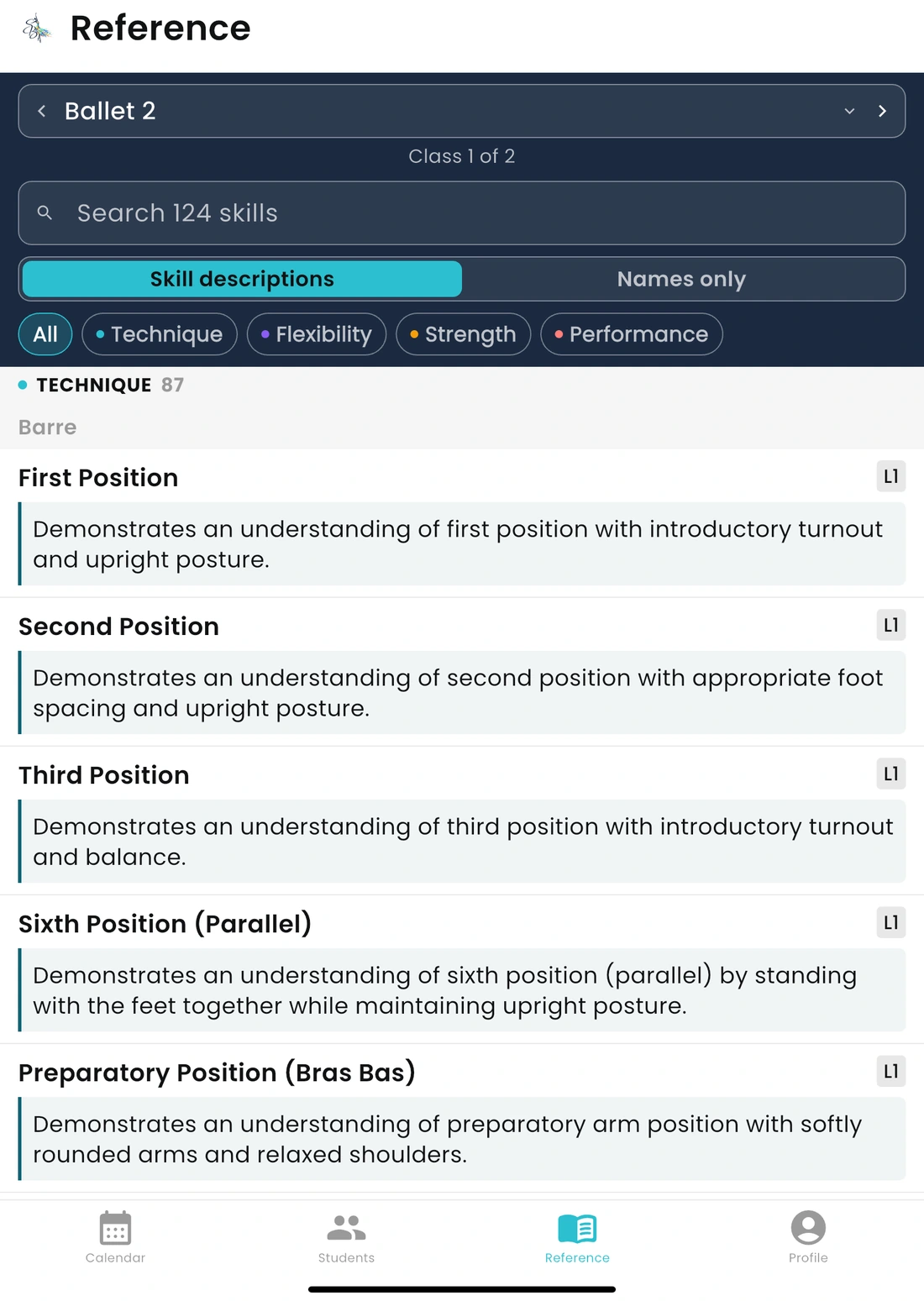Curriculum reference with skill descriptions