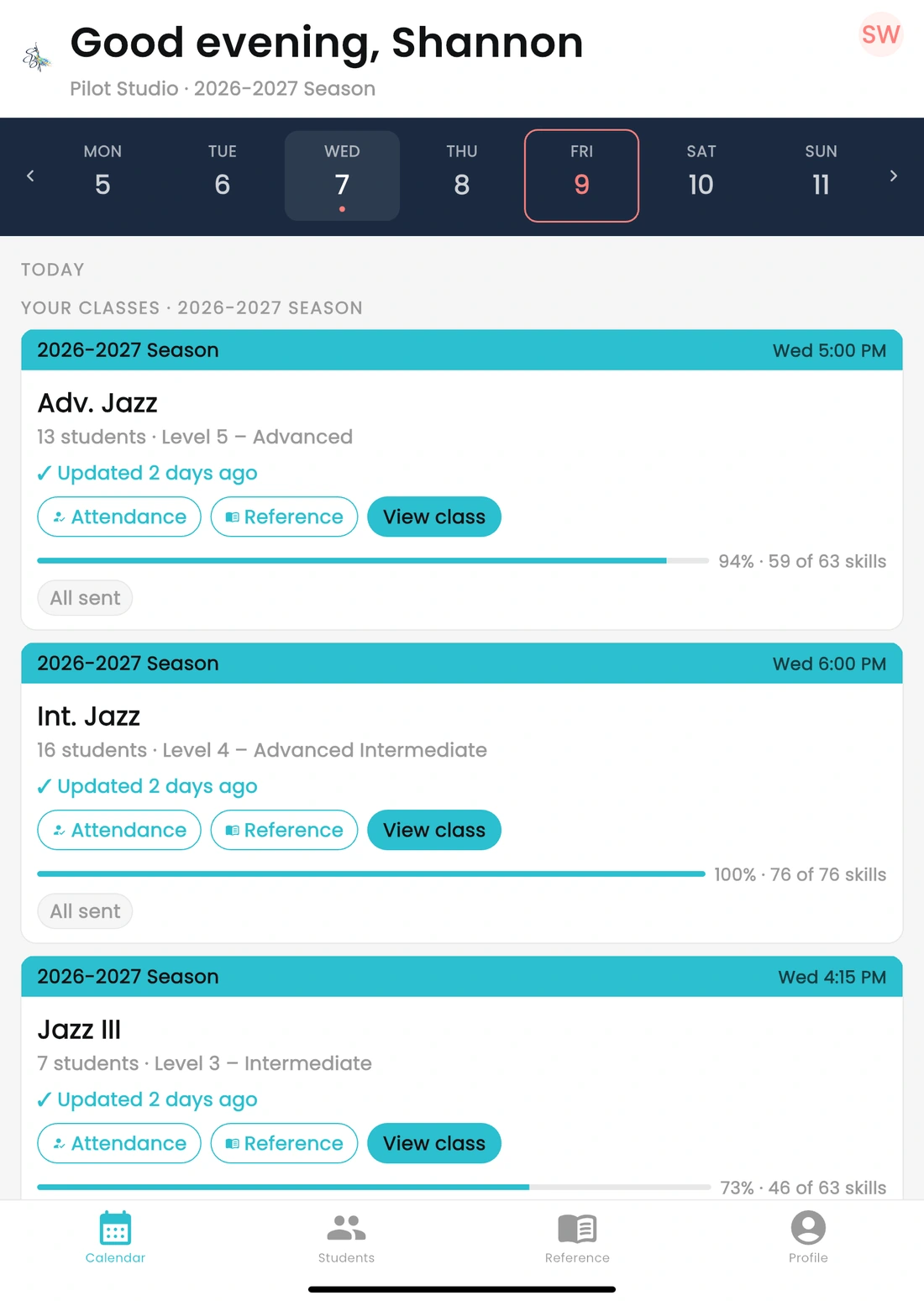 Instructor app showing today's classes