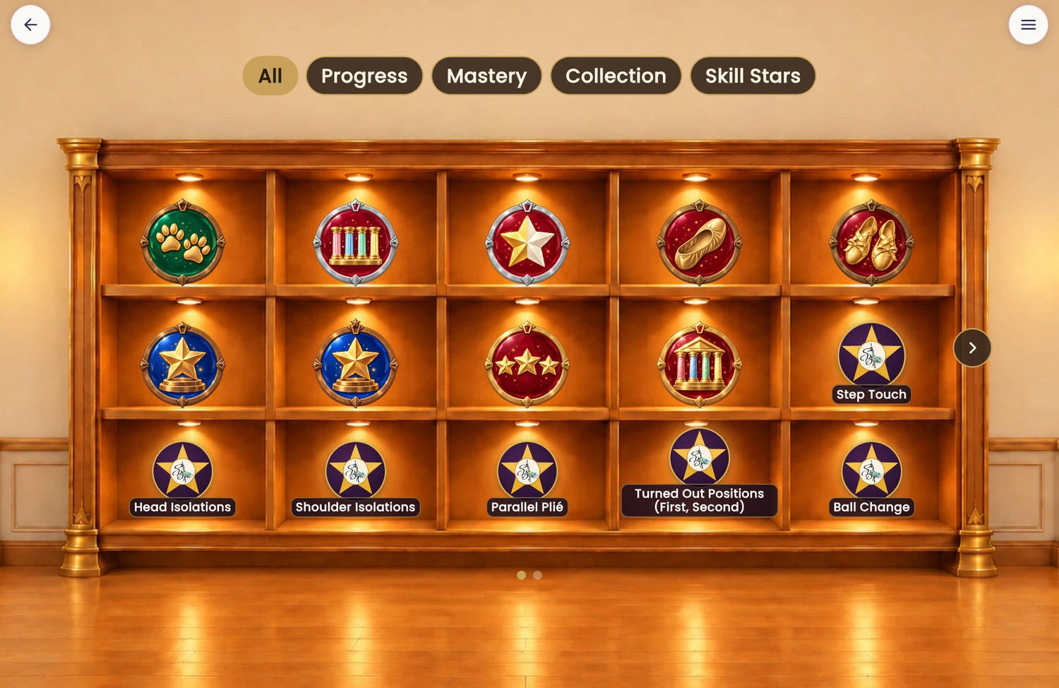 The achievements shelf with milestone badges and mastered jazz skills