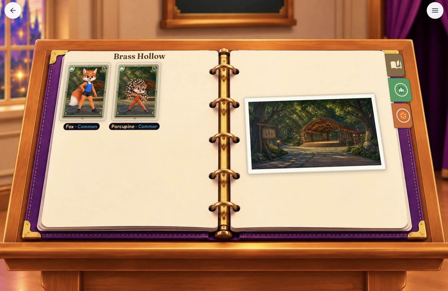 The binder with fox and porcupine companion cards in Brass Hollow