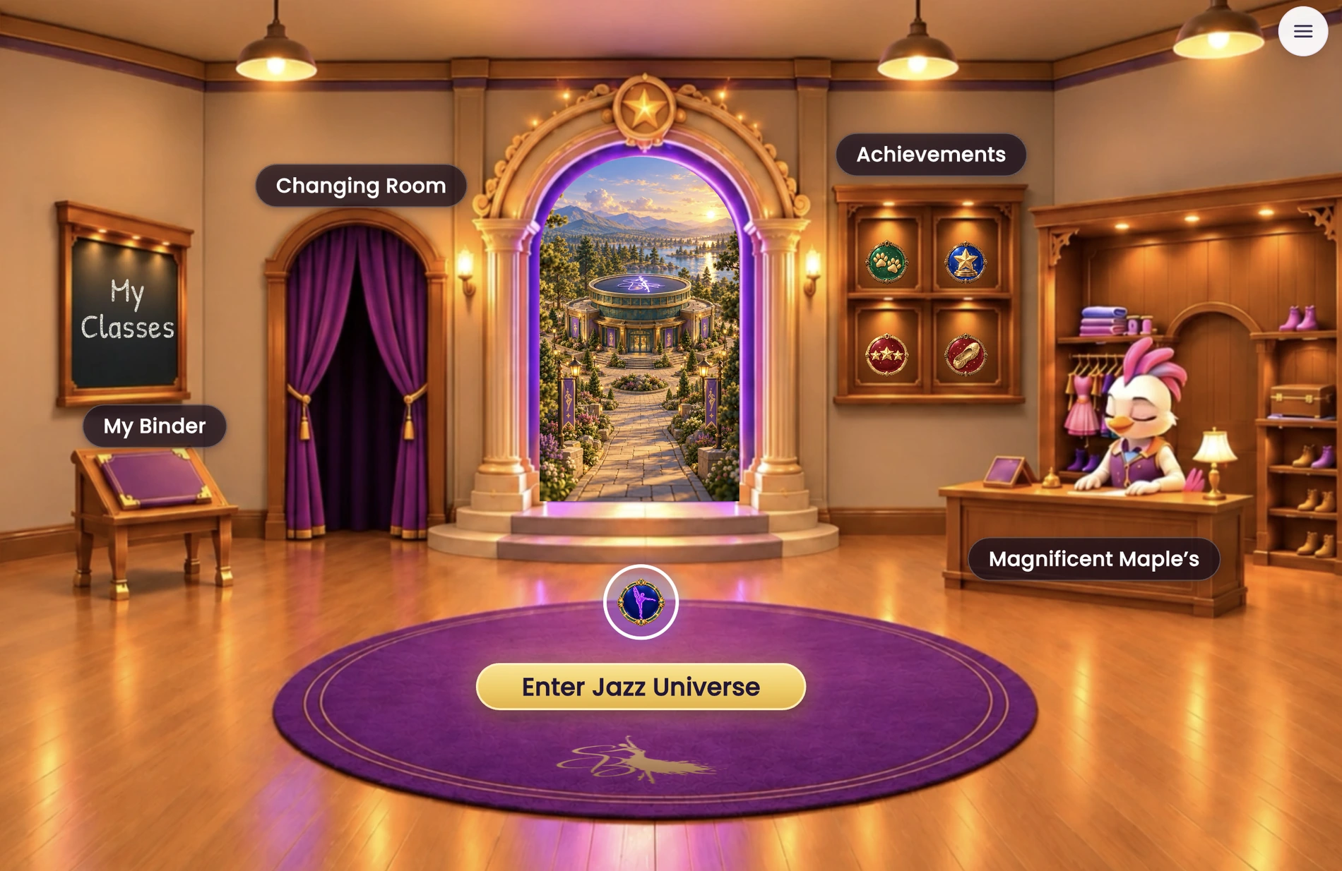 The dancer's studio lobby in the parent app