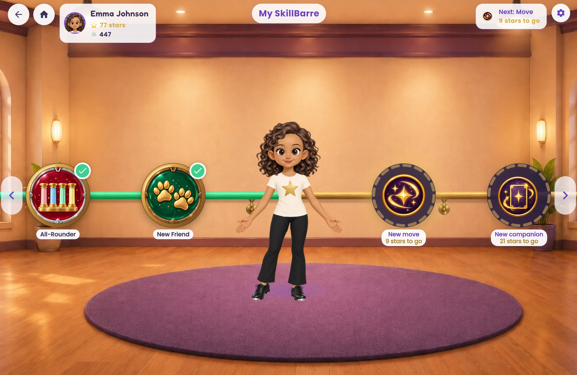 My SkillBarre: a dancer's avatar at the barre with earned badges and the next rewards ahead