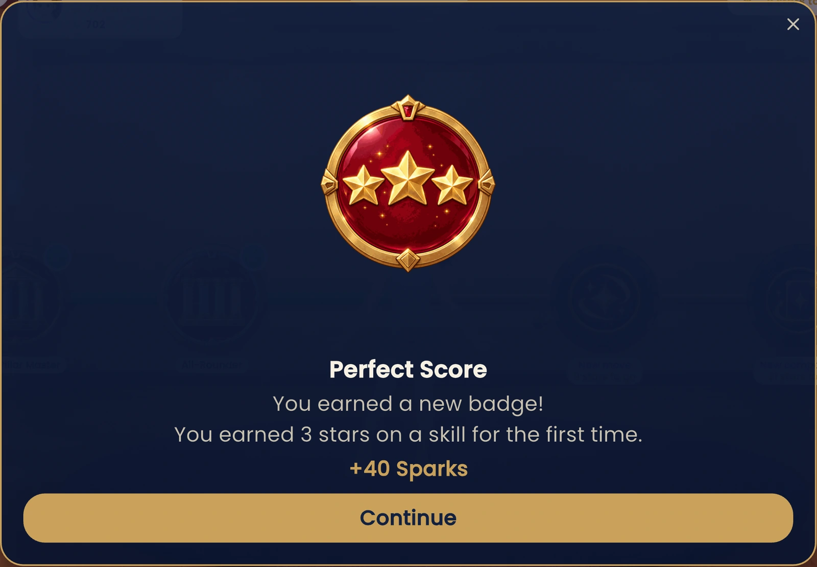 A Perfect Score badge celebrating a skill's first three-star rating