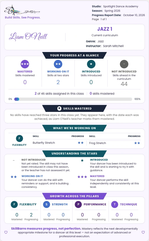 A personalized SkillBarre progress report